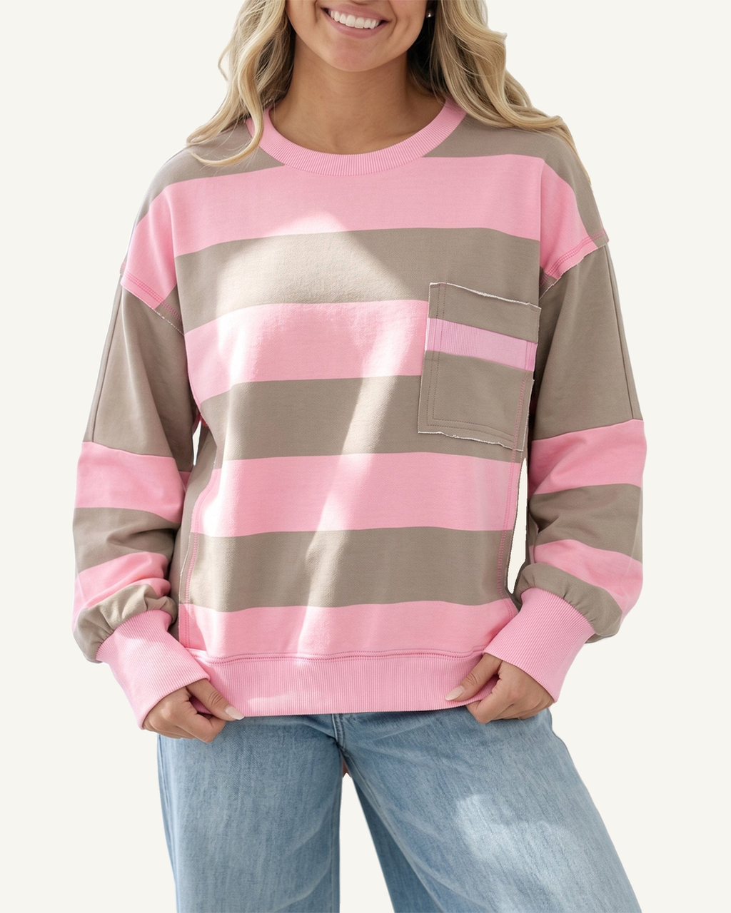 Pink Stripe Raw Seam Patchwork Drop Shoulder Plus Size Sweatshirt PREORDER ETA 3 WEEKS — ivory studio background