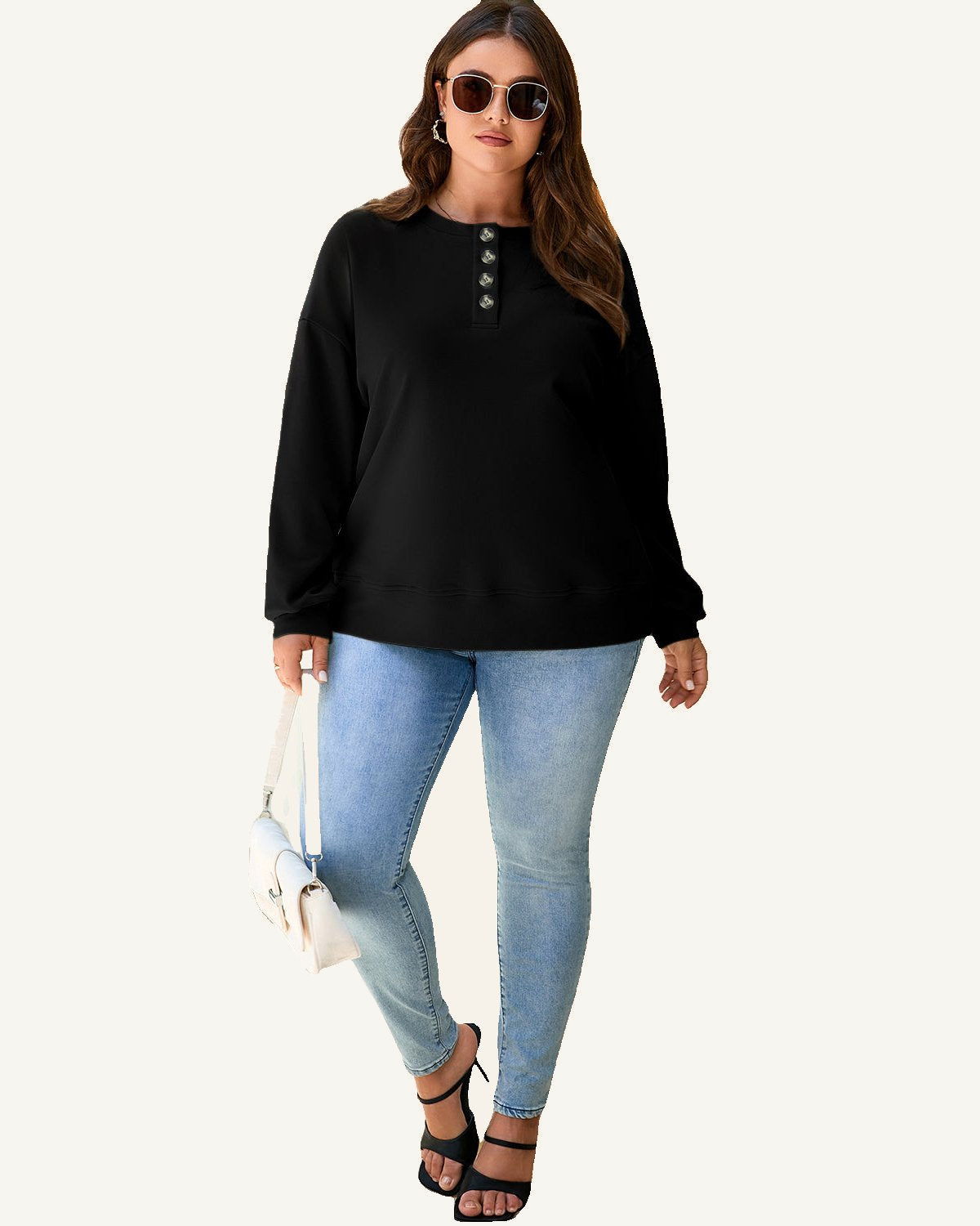 Black Solid Button Placket Crew Neck Plus Size Sweatshirt PREORDER ETA 3 WEEKS — ivory studio background