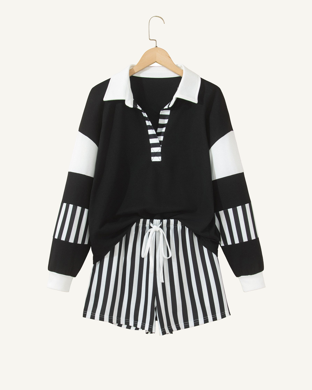 Black Striped Color Block Pullover Top Drawstring Shorts Set PREORDER ETA 3 WEEKS — ivory studio background