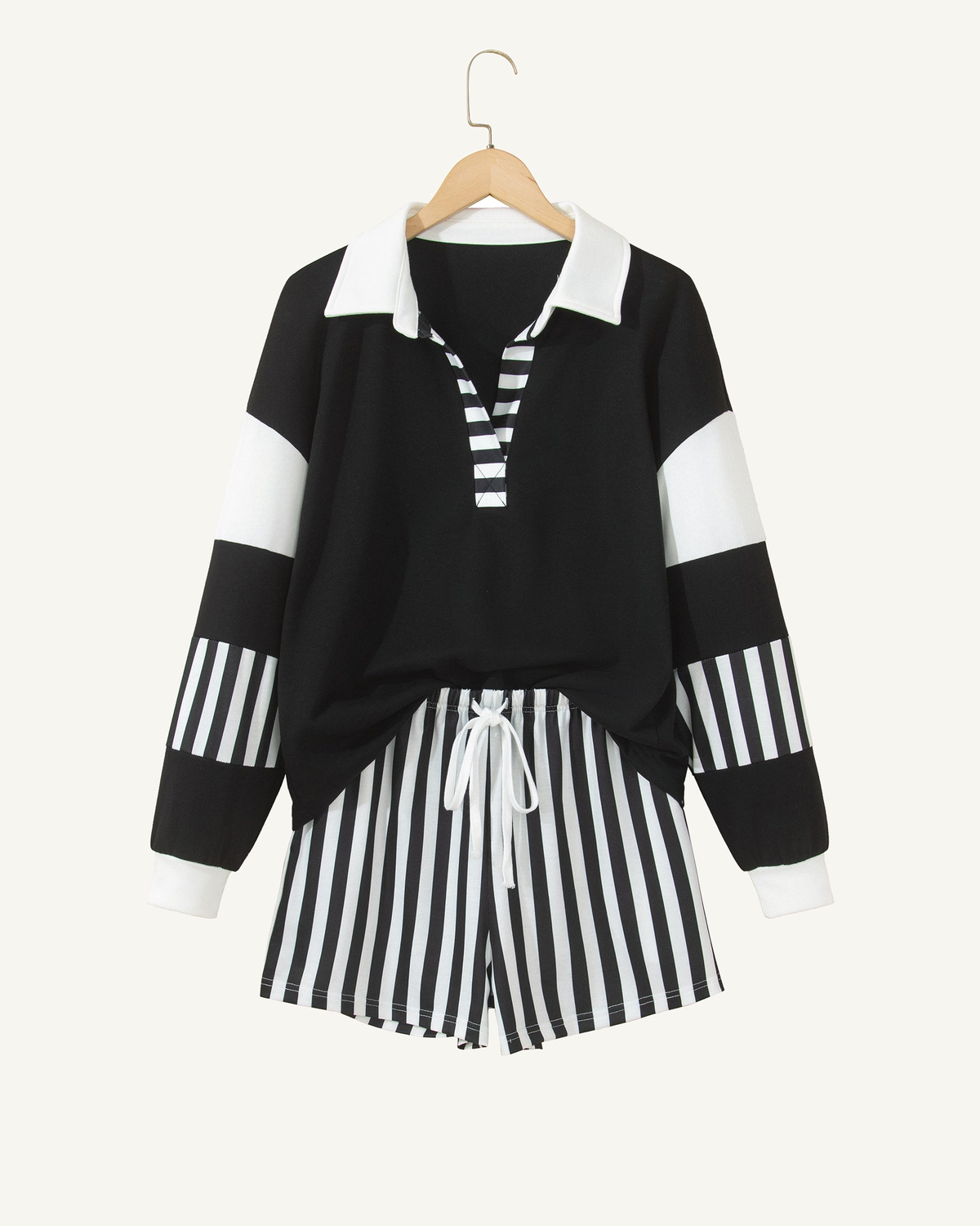 Black Striped Color Block Pullover Top Drawstring Shorts Set PREORDER ETA 3 WEEKS — ivory studio background