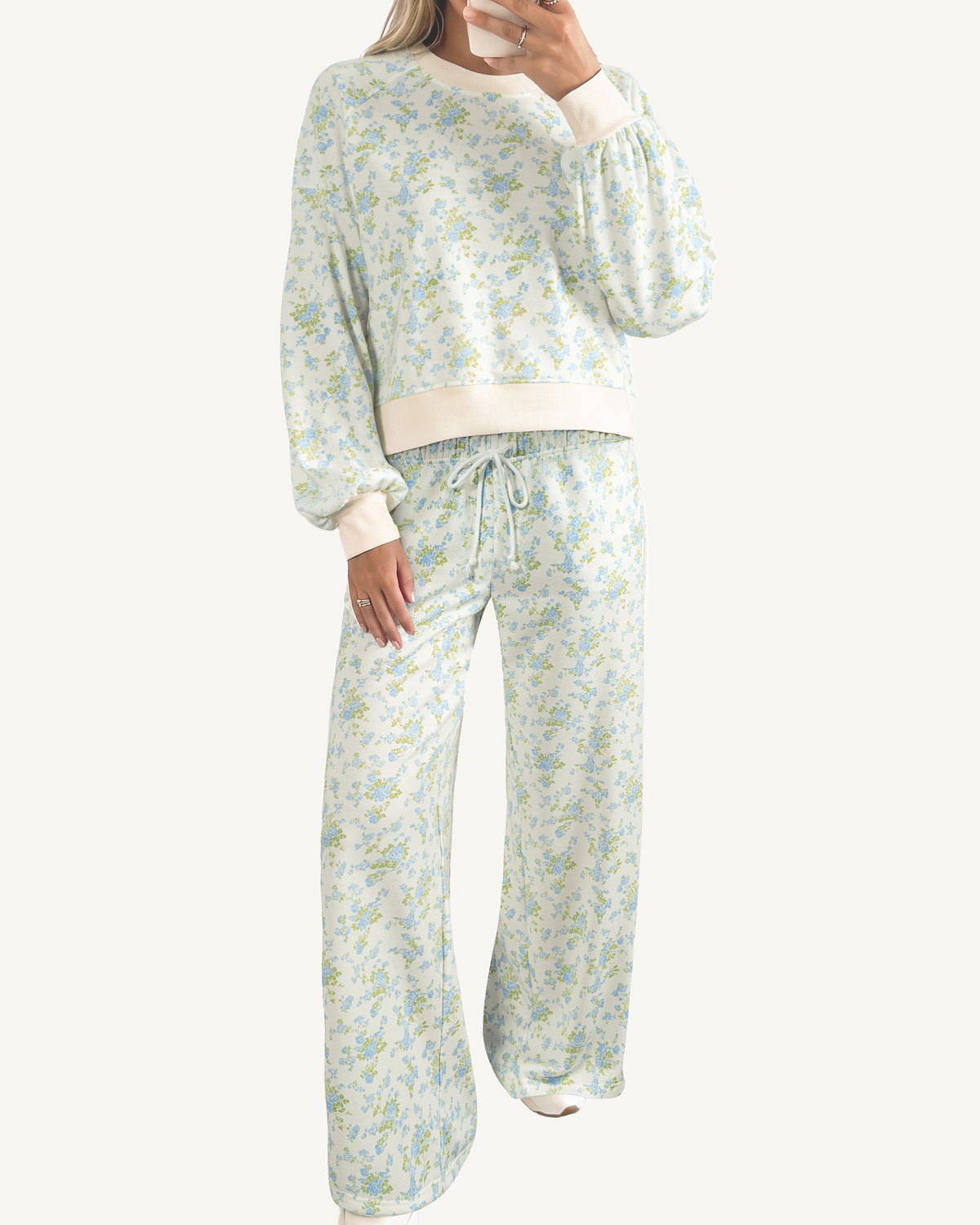 Sky Blue Floral Print Long Sleeve Top Drawstring Wide Leg Pants Set PREORDER ETA 3 WEEKS — ivory studio background