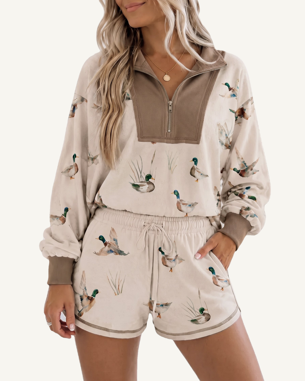 Khaki Mallard Print Color Block Patchwork Zip Pullover and Shorts Set PREORDER ETA 3 WEEKS — ivory studio background