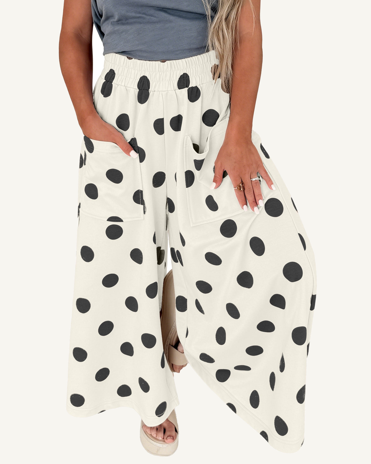 Beige Polka Dot Wide Leg Elastic Waist Casual Pants PREORDER ETA 3 WEEKS — ivory studio background
