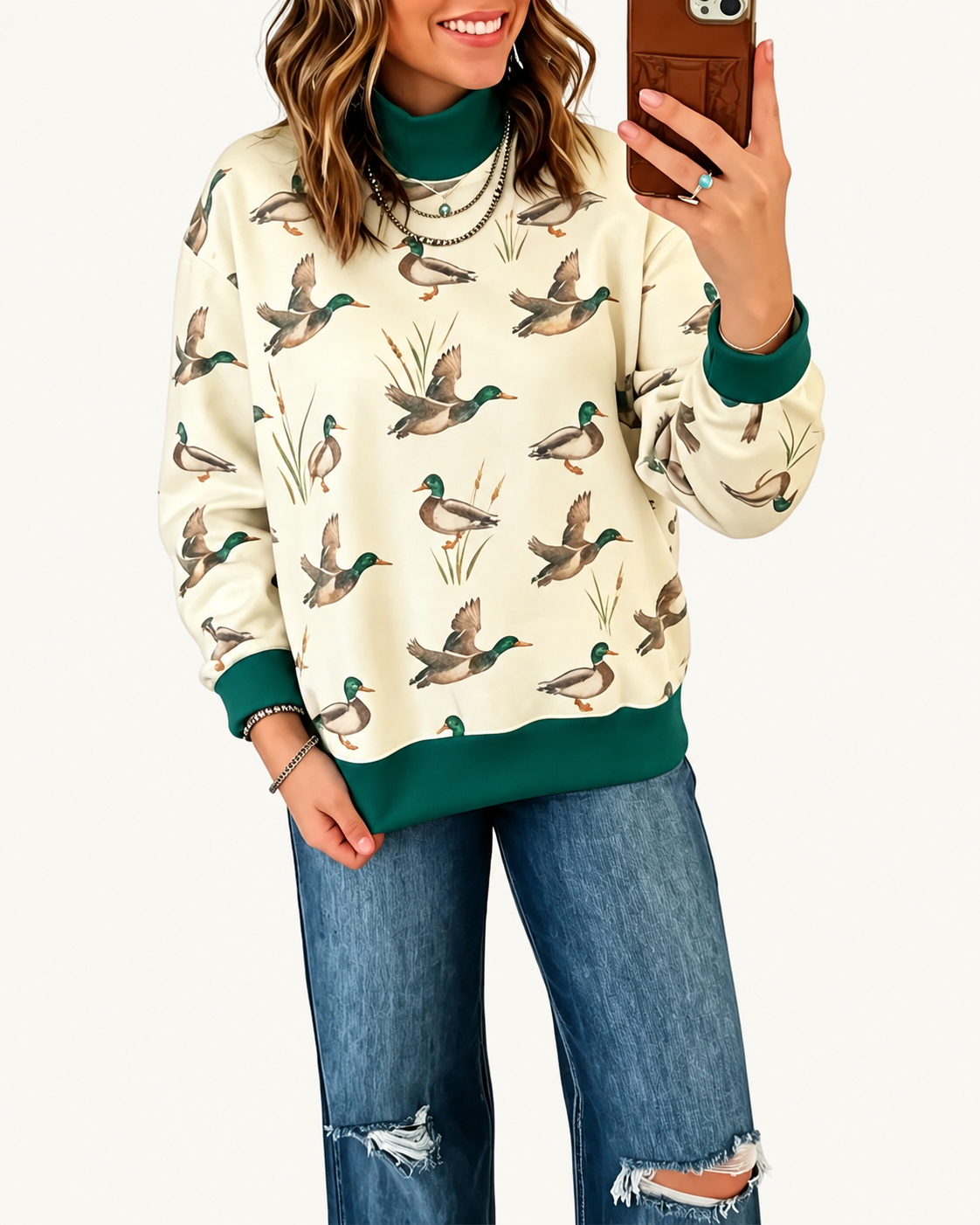 Mallard print high-neck sweatshirt on ivory studio background