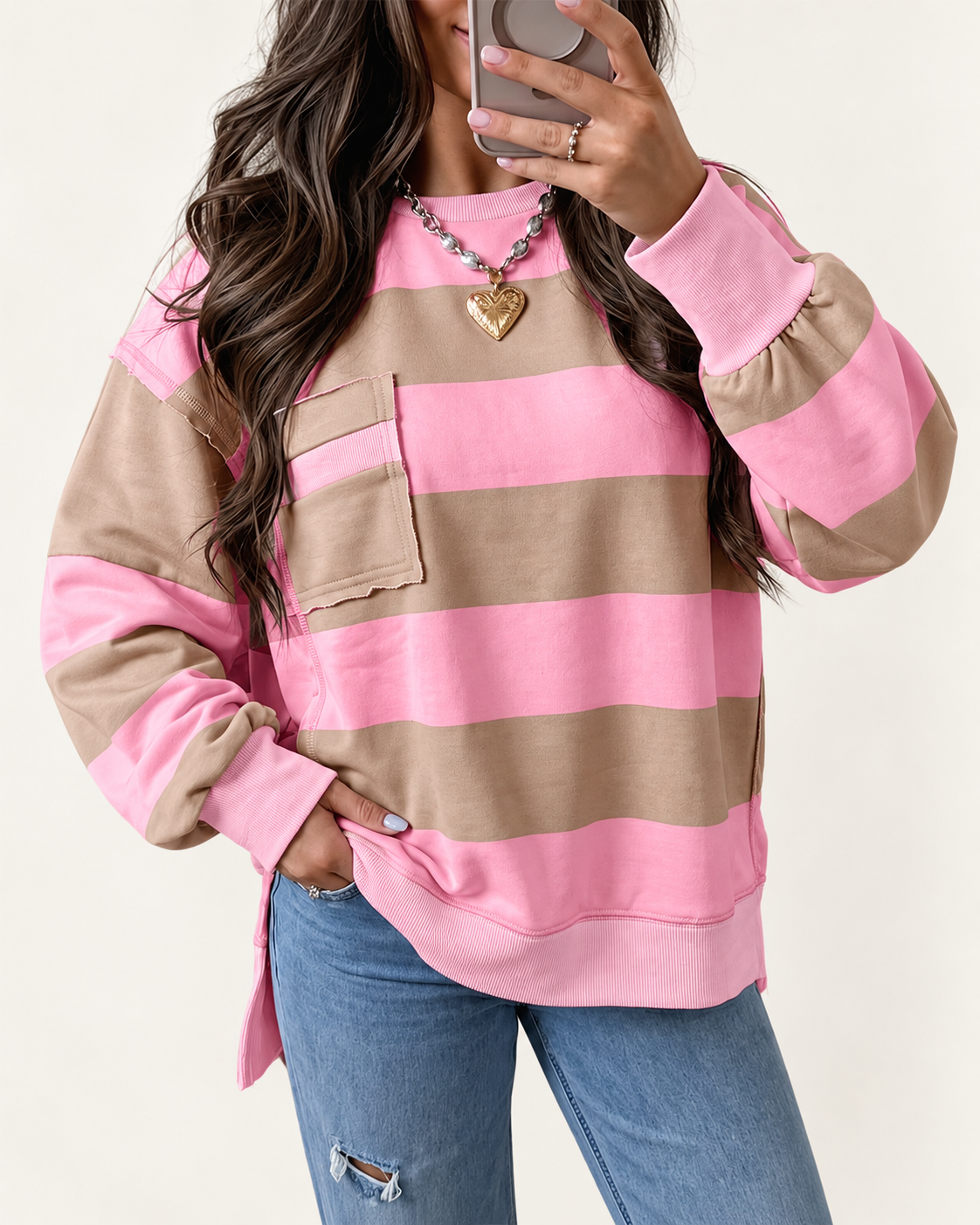 Pink Stripe Striped Colorblock Patch Pocket Split Hem Oversized Long Sleeve Sweatshirt PREORDER ETA 3 WEEKS on ivory studio background