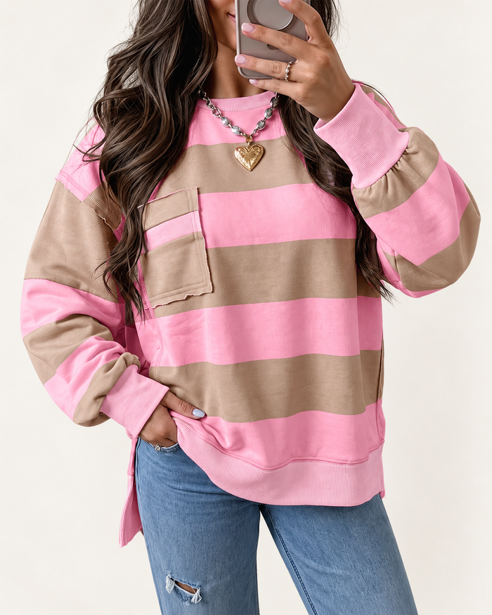 Pink Stripe Striped Colorblock Patch Pocket Split Hem Oversized Long Sleeve Sweatshirt