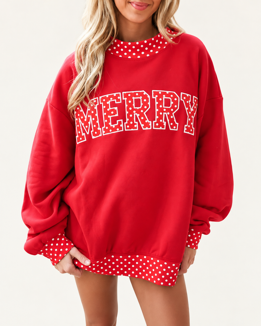 Tomato Red Polka Dot Letter Print Contrast Trim Mock Neck Sweatshirt on ivory studio background