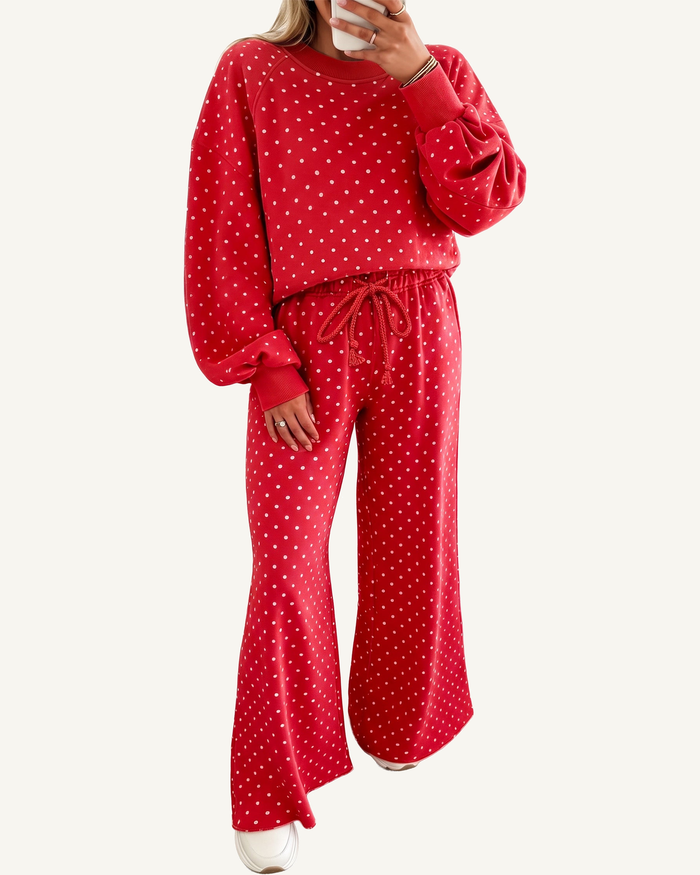 Polka Dot Drawstring Wide Leg Long Sleeve Top Pant Set