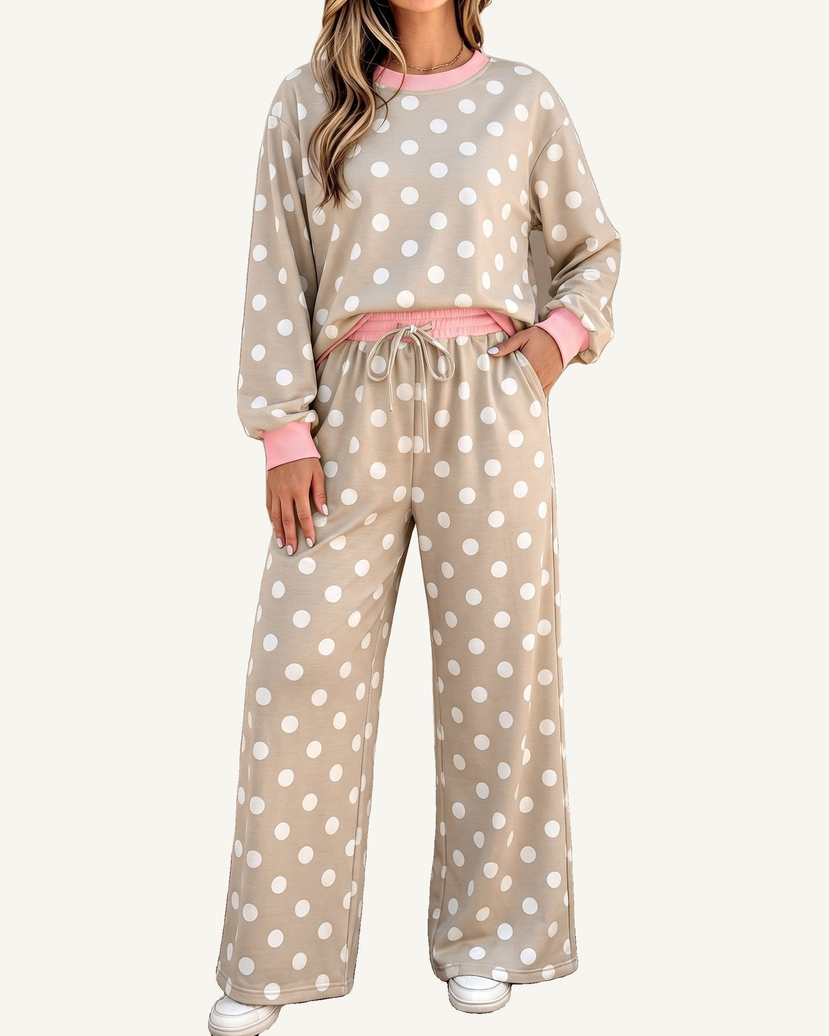 Khaki Polka Dot Contrast Trim Long Sleeve Top Drawstring Shift Pants Set PREORDER ETA 3 WEEKS — ivory studio background