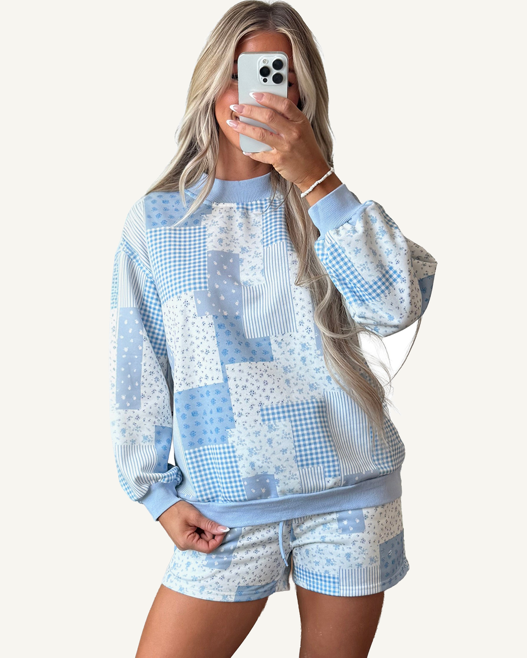Sky Blue Patchwork Floral Print Drop Shoulder Baggy Pullover Drawstring Shorts Set PREORDER ETA 3 WEEKS — ivory studio background