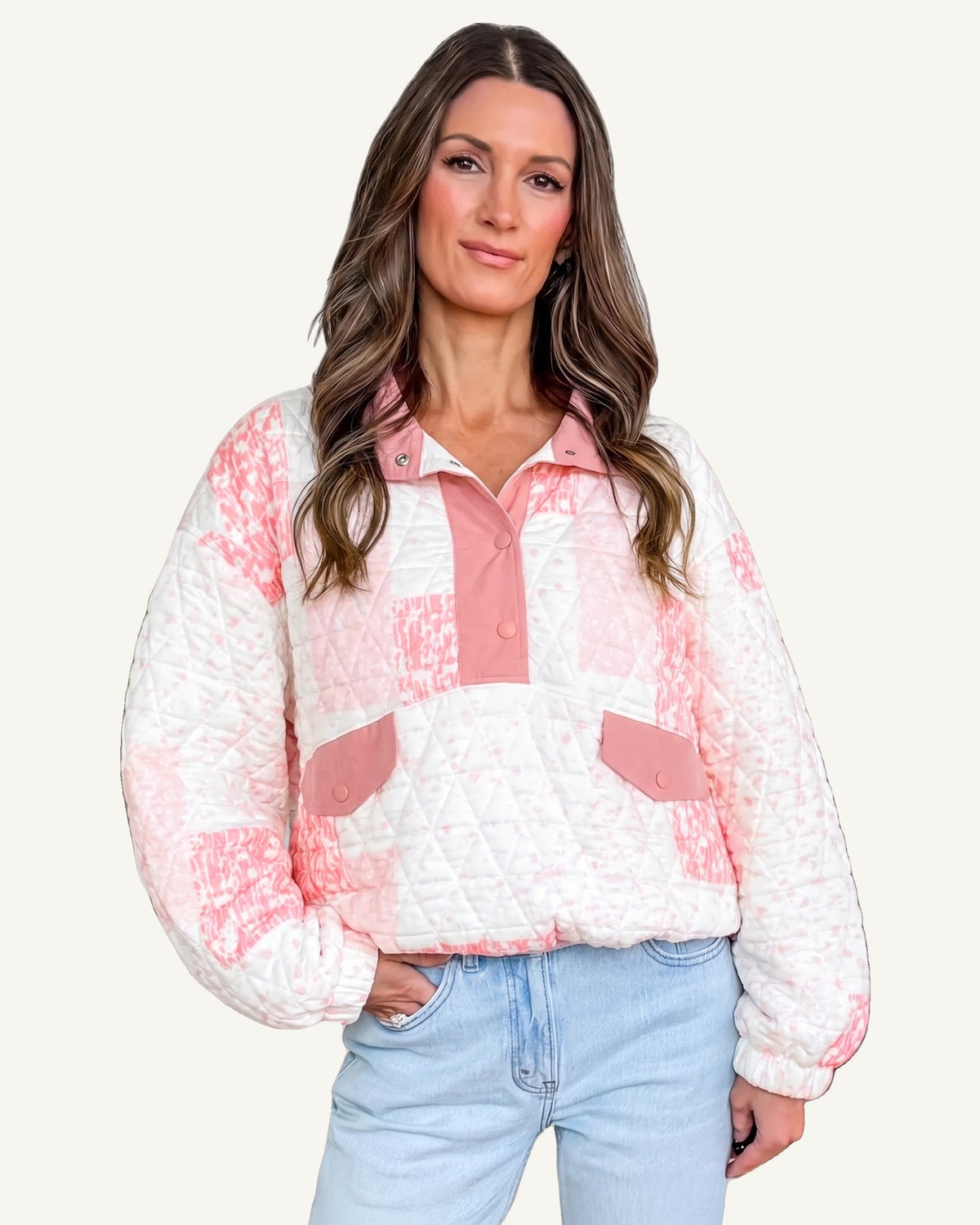 Multicolour Floral Quilted Half Button Pocketed Pullover Sweatshirt PREORDER ETA 3 WEEKS — ivory studio background