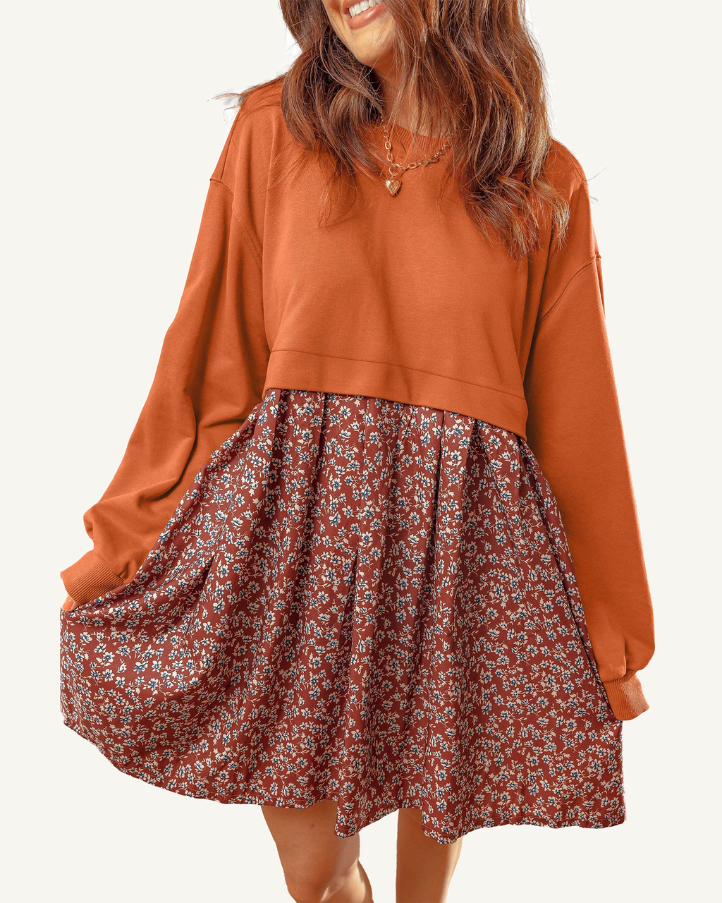 Orange Solid Long Sleeve Top Mini Dress PREORDER ETA 3 WEEKS — ivory studio background