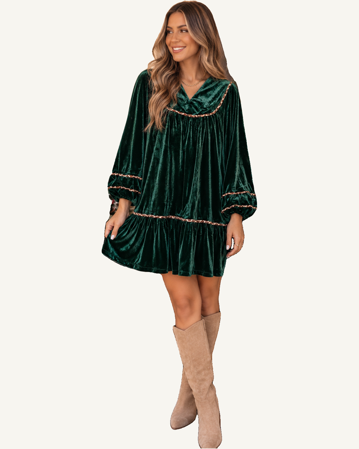 Blackish Green Leopard Trim Velvet Long Sleeve Shift Dress PREORDER ETA 3 WEEKS — ivory studio background