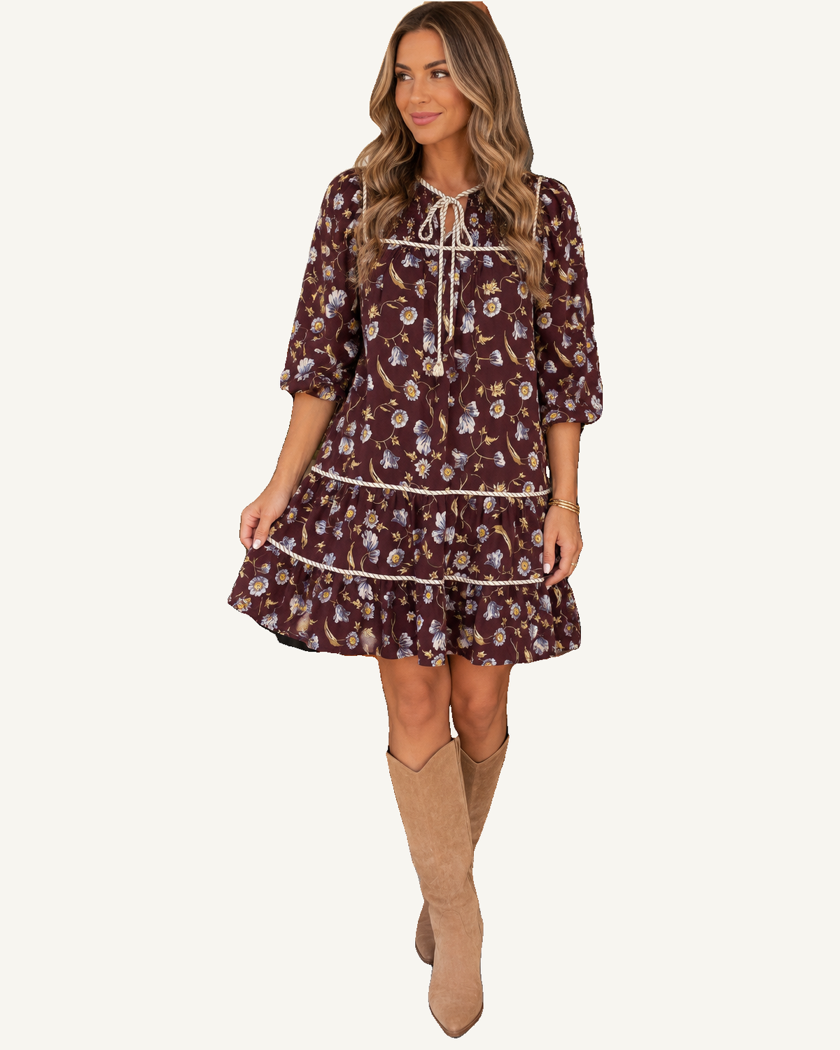 Brown Floral Print V Neck Shift Dress PREORDER ETA 3 WEEKS — ivory studio background