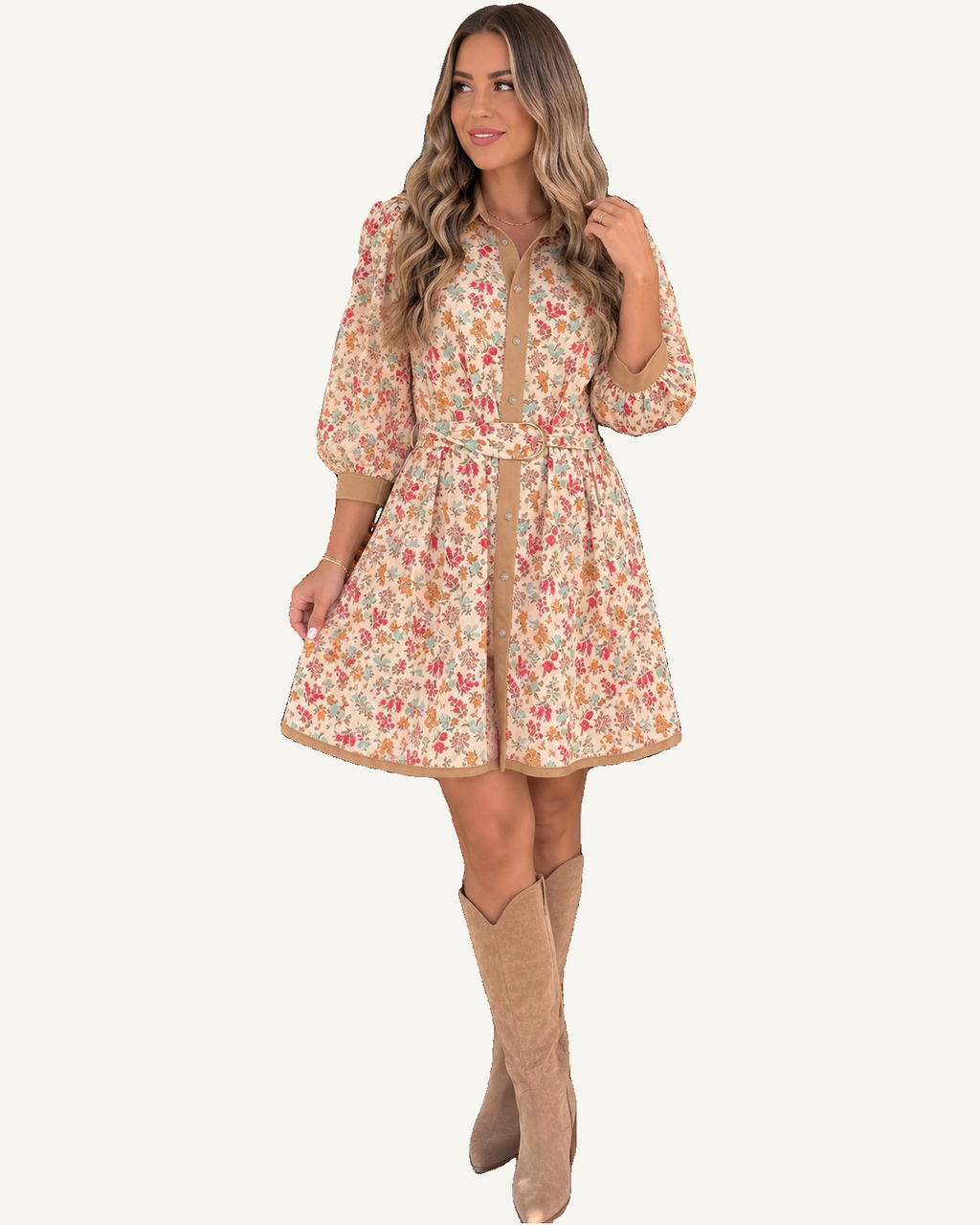 Orange Floral Print Color Block Trim Button Down 3/4 Sleeve Belted Mini Dress PREORDER ETA 3 WEEKS — ivory studio background