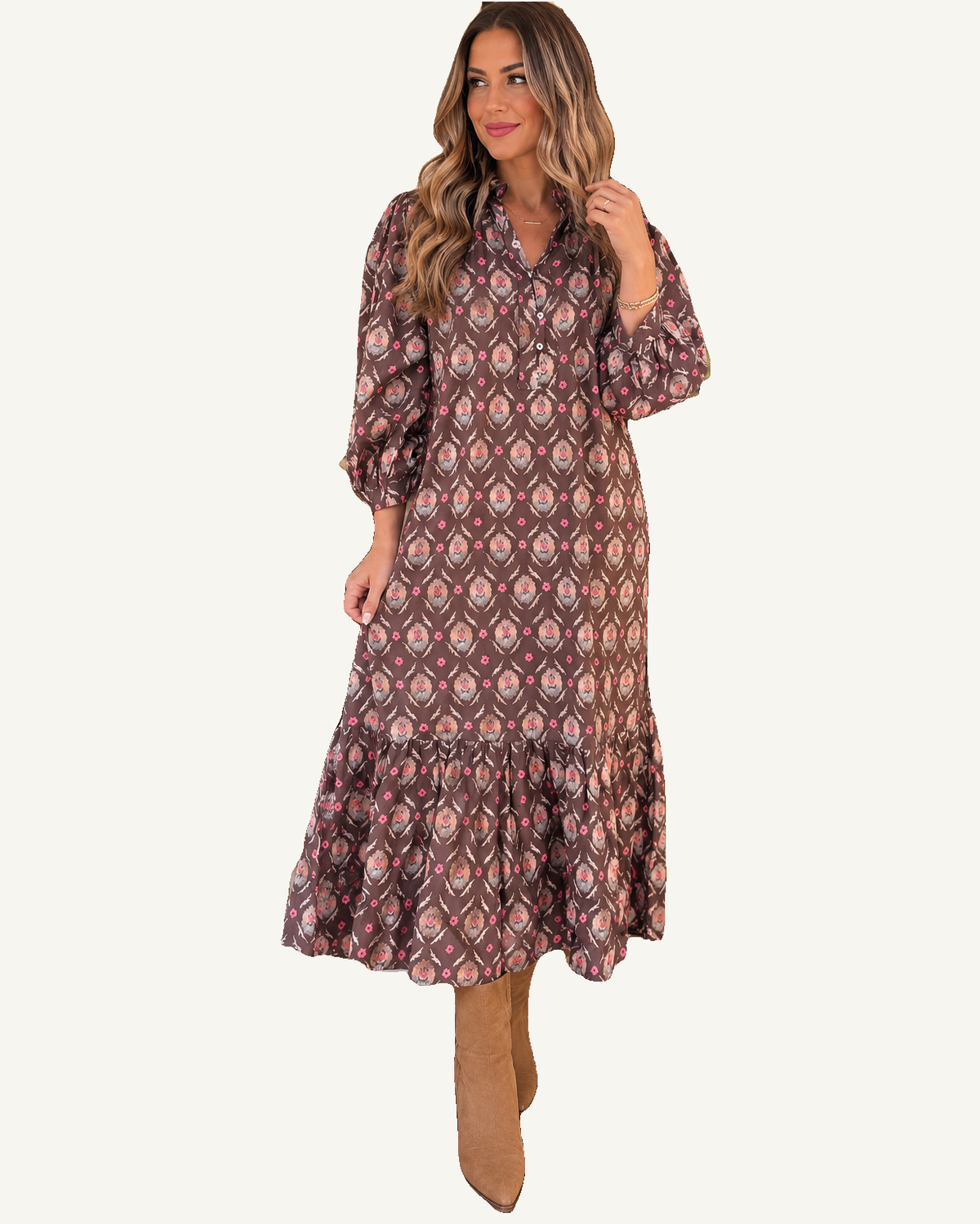 Brown Floral Print Button Front Ruffle Hem Midi Dress PREORDER ETA 3 WEEKS — ivory studio background