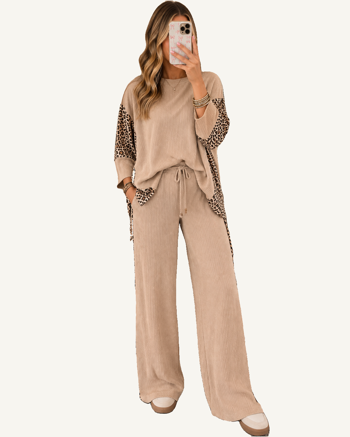 Light French Beige Leopard Print Ribbed Twist Long Sleeve Top Pants Plus Size Set PREORDER ETA 3 WEEKS — ivory studio background