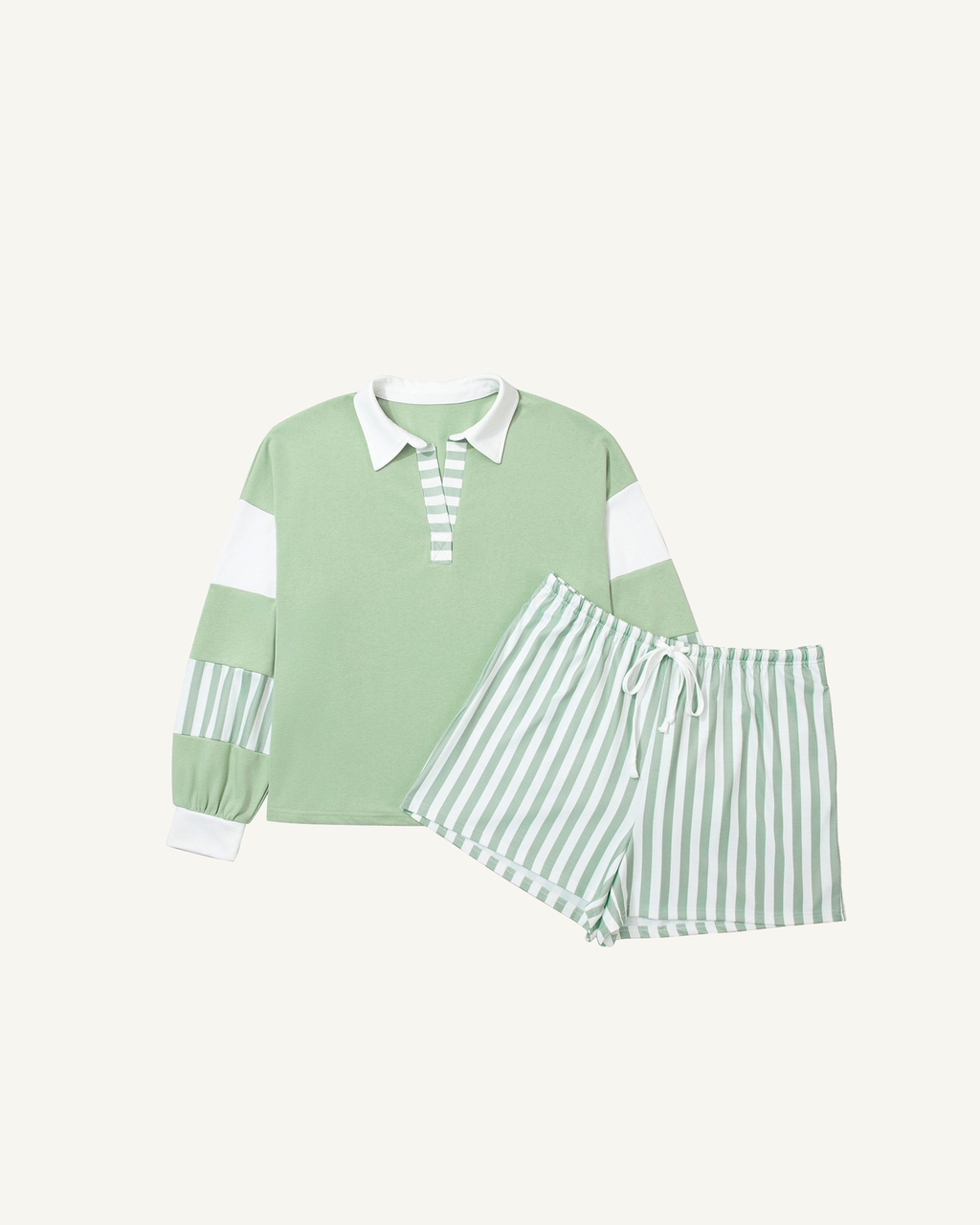 Green Striped Patchwork V Neck Two Piece Shorts Plus Size Set PREORDER ETA 3 WEEKS — ivory studio background