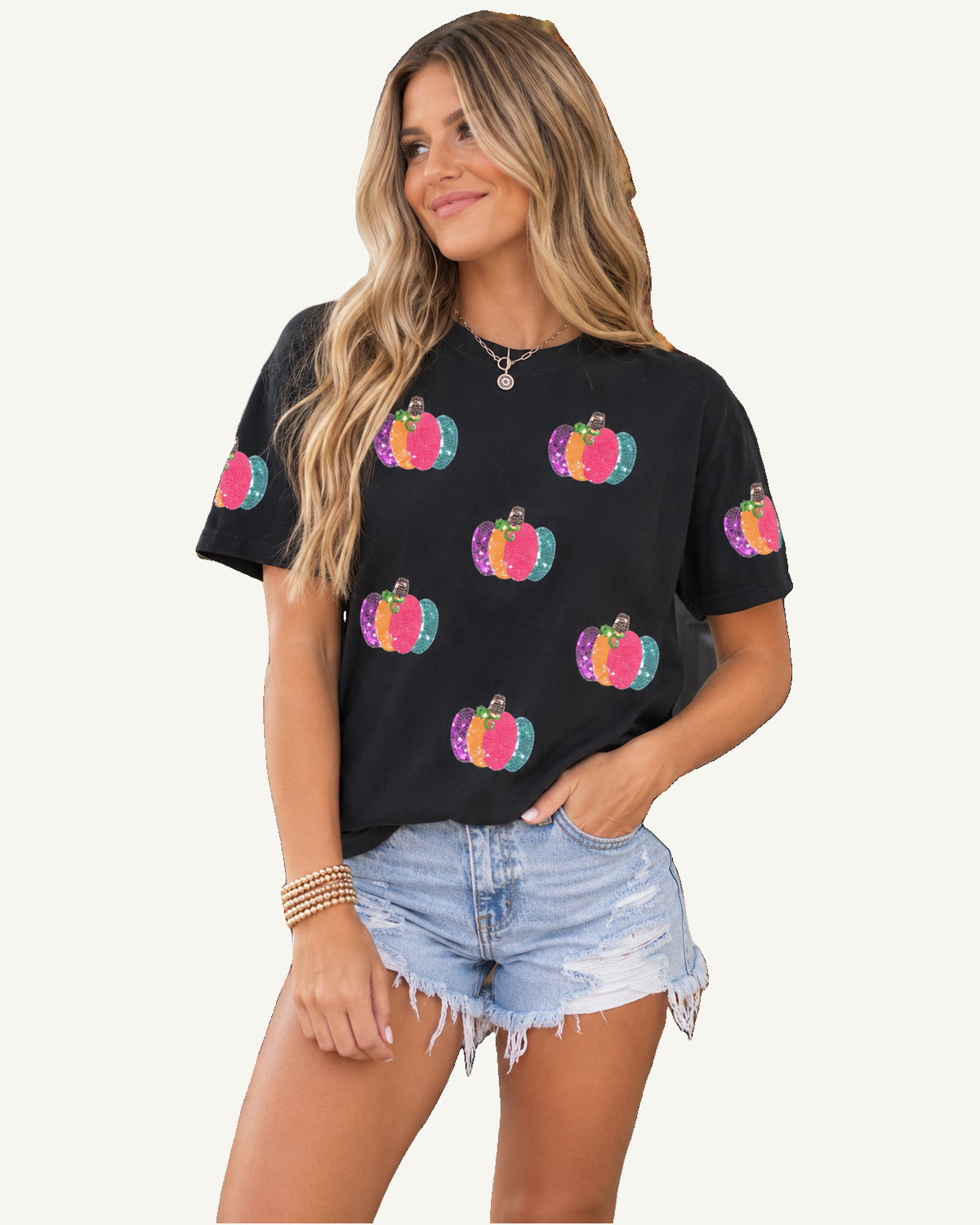 Black Sequined Pumpkin Graphic Round Neck Casual T Shirt READY TO SHIP — ivory studio background