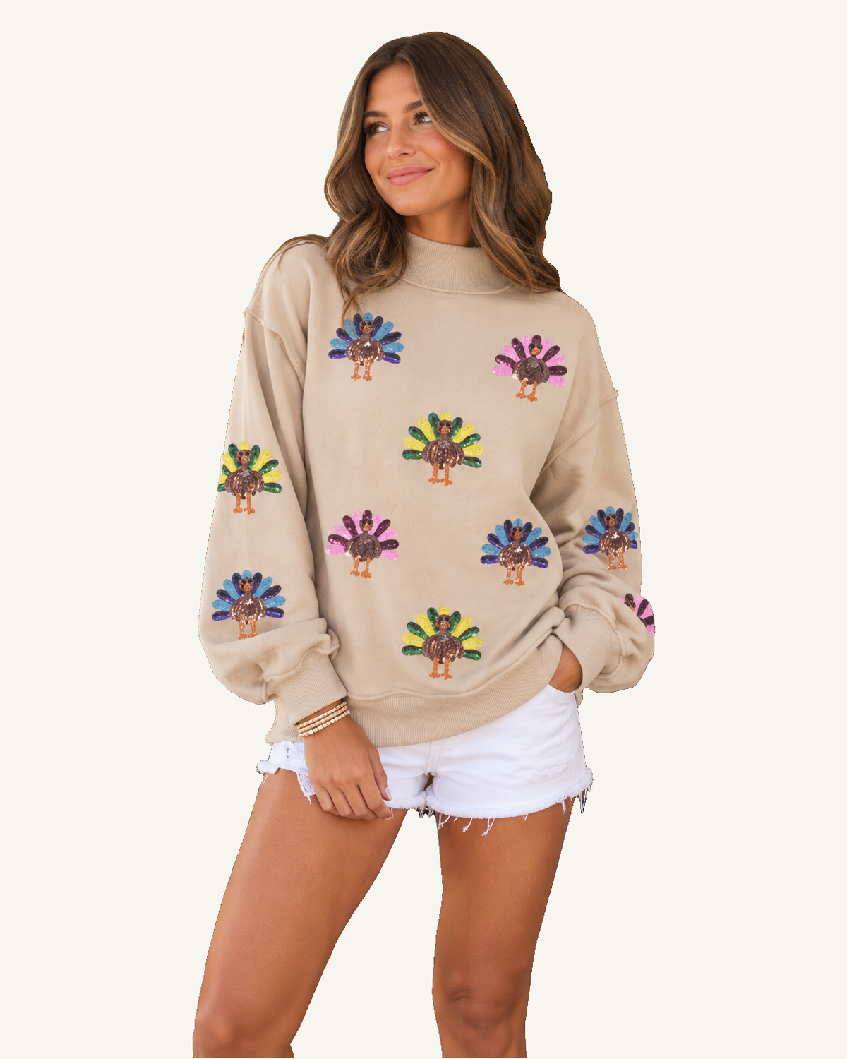 Apricot Sequined Turkey Exposed Seam Thanksgiving Graphic Sweatshirt READY TO SHIP — ivory studio background