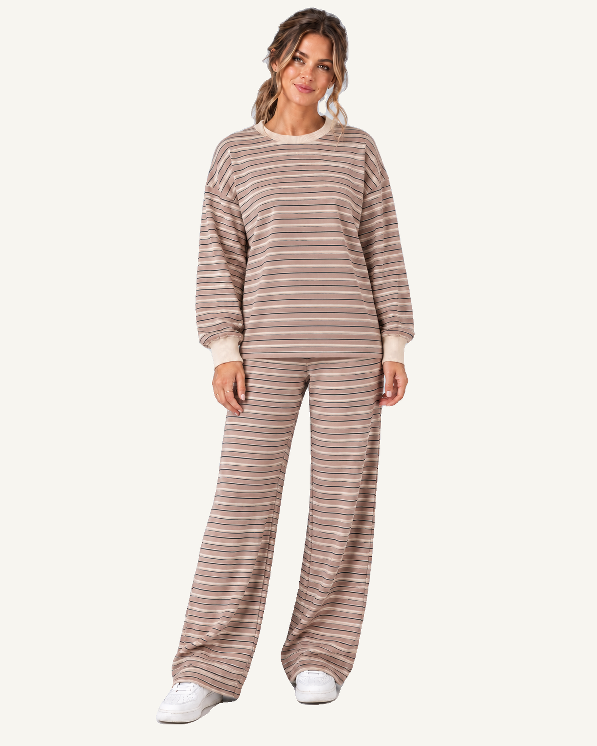 Khaki Stripe Contrast Trim Long Sleeve Top Elastic Waist Pants Set PREORDER ETA 3 WEEKS — ivory studio background