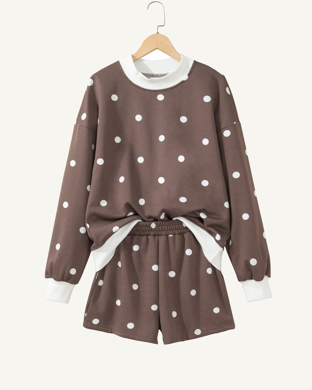 Brown Polka Dot Ribbed Trim Long Sleeve Top Casual Short Set PREORDER ETA 3 WEEKS — ivory studio background