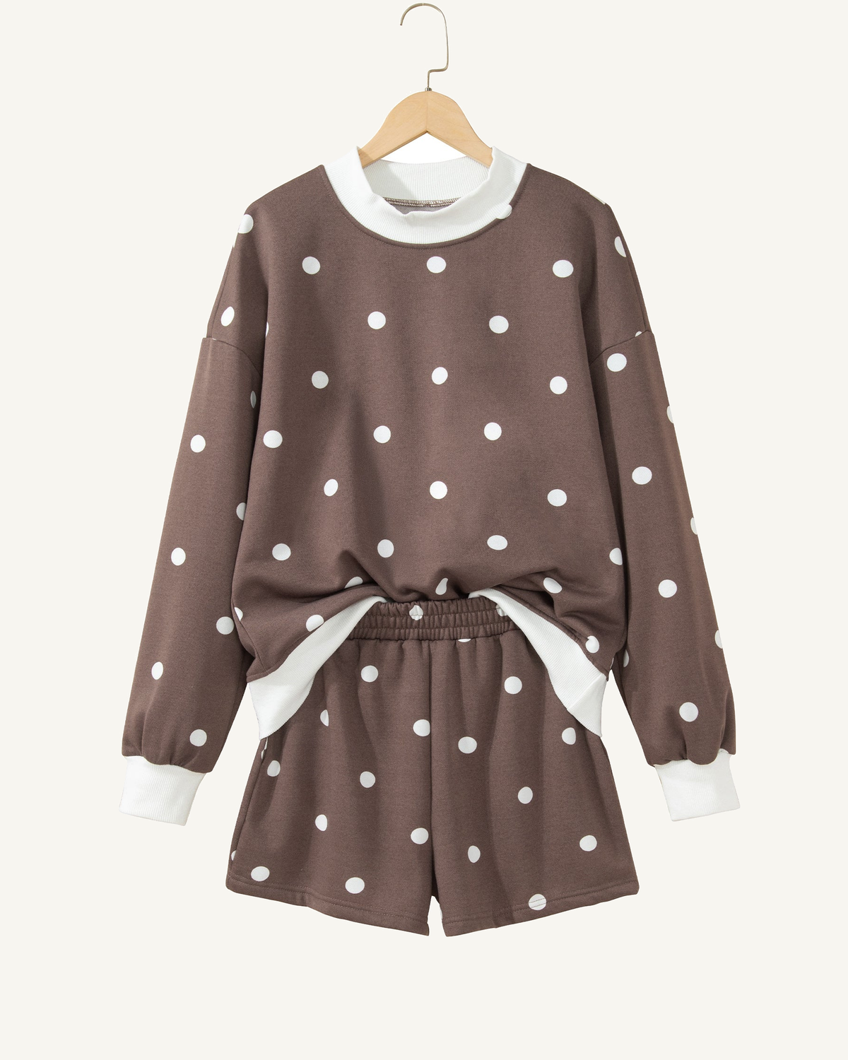 Brown Polka Dot Ribbed Trim Long Sleeve Top Casual Short Set PREORDER ETA 3 WEEKS — ivory studio background