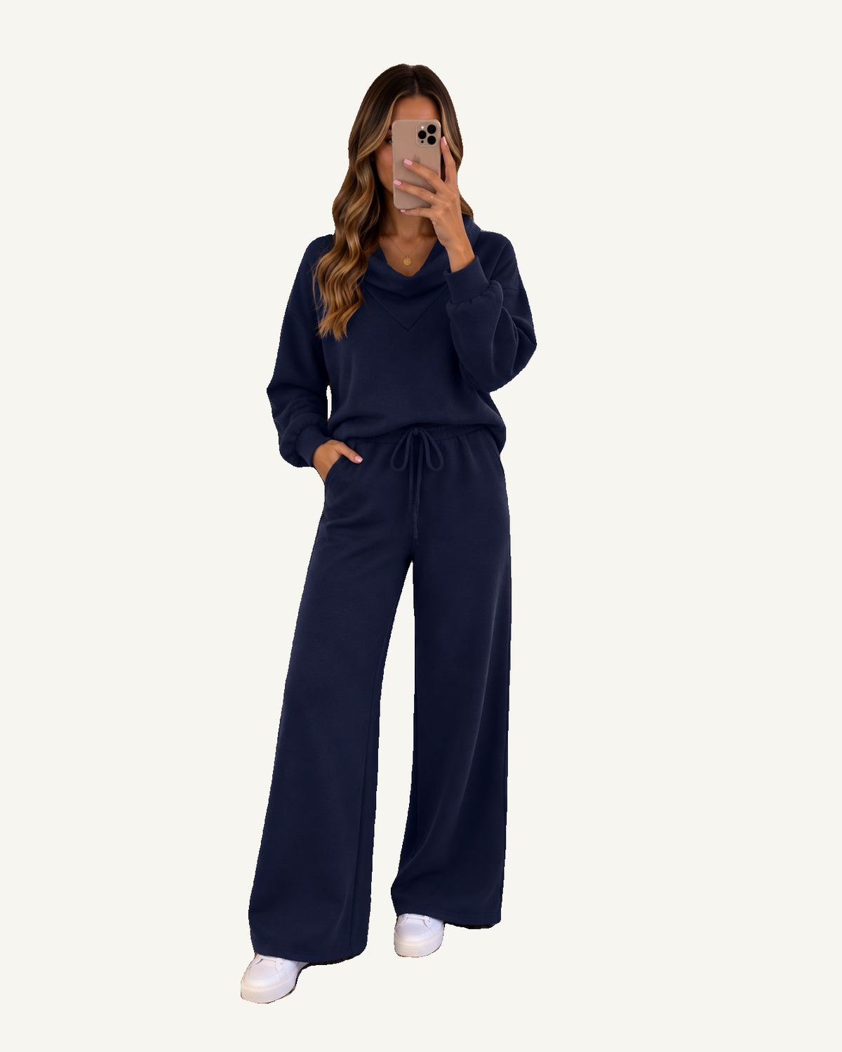 Navy Blue Solid Color Cowl Neck Drawstring Pullover Wide Leg Athleisure Pants Set PREODER — ivory studio background