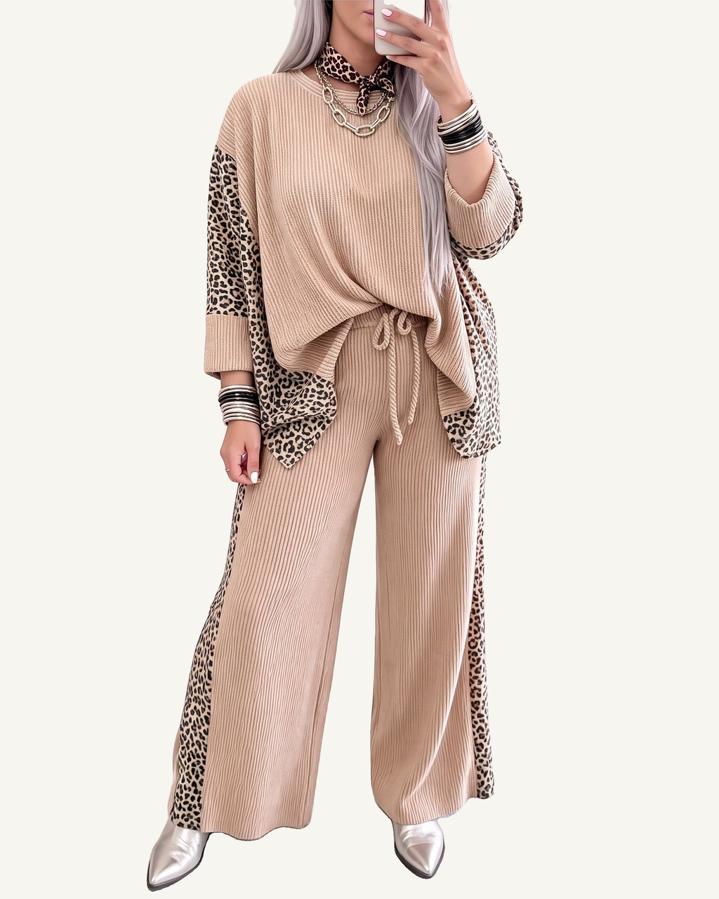 Parchment Leopard Print Twisted Ribbed Patchwork Long Sleeve Top Loose Pant Set PREORDER ETA 3 WEEKS — ivory studio background