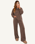 Dark Brown Long Sleeve Round Neck Patchwork Colorblock Plus Size Set PREORDER ETA 3 WEEKS — ivory studio background