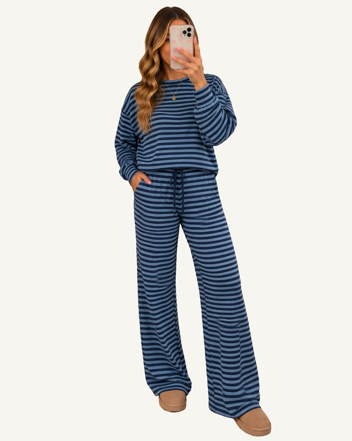 Blue Stripe Long Sleeve Drawstring Waist Plus Size Lounge Pants Set PREORDER ETA 3 WEEKS — ivory studio background