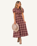 Red Vintage Plaid Knot Front Smocked High Waist Midi Dress PREORDER ETA 3 WEEKS — ivory studio background
