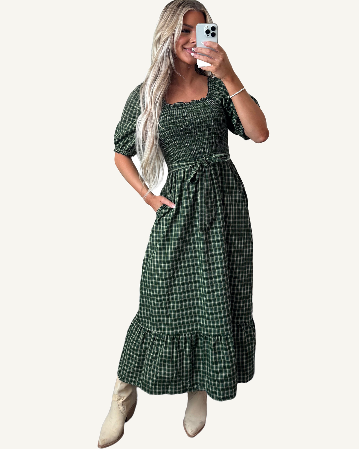 Green Plaid Square Neck Shirred High Waist Ruffle Hem Dress PREORDER ETA 3 WEEKS — ivory studio background