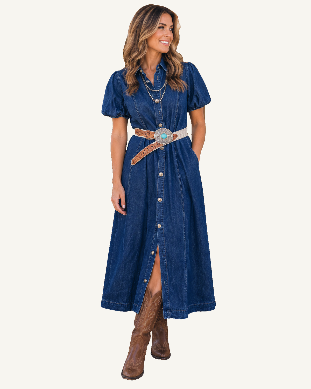 Sail Blue Full Buttons Collared Short Bubble Sleeve Long Denim Dress PREORDER ETA 3 WEEKS — ivory studio background