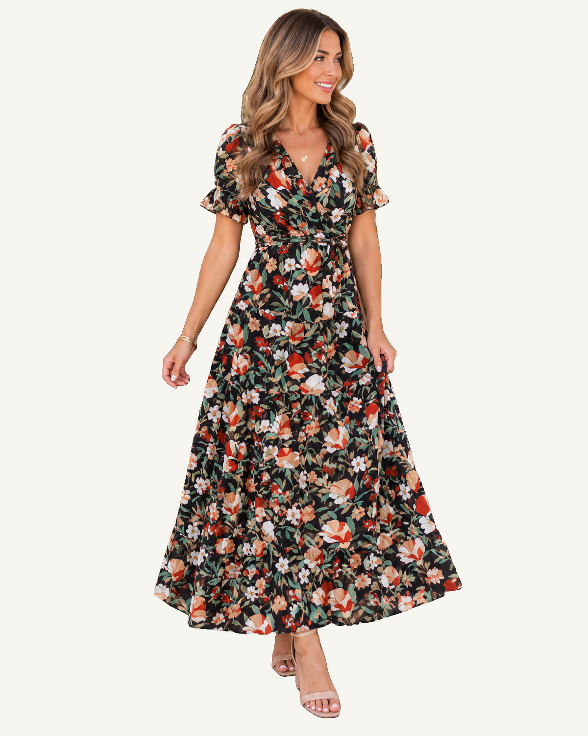 Black Fiery Floral Print Frilled V Neck Short Sleeve Maxi Dress PREORDER ETA 3 WEEKS — ivory studio background
