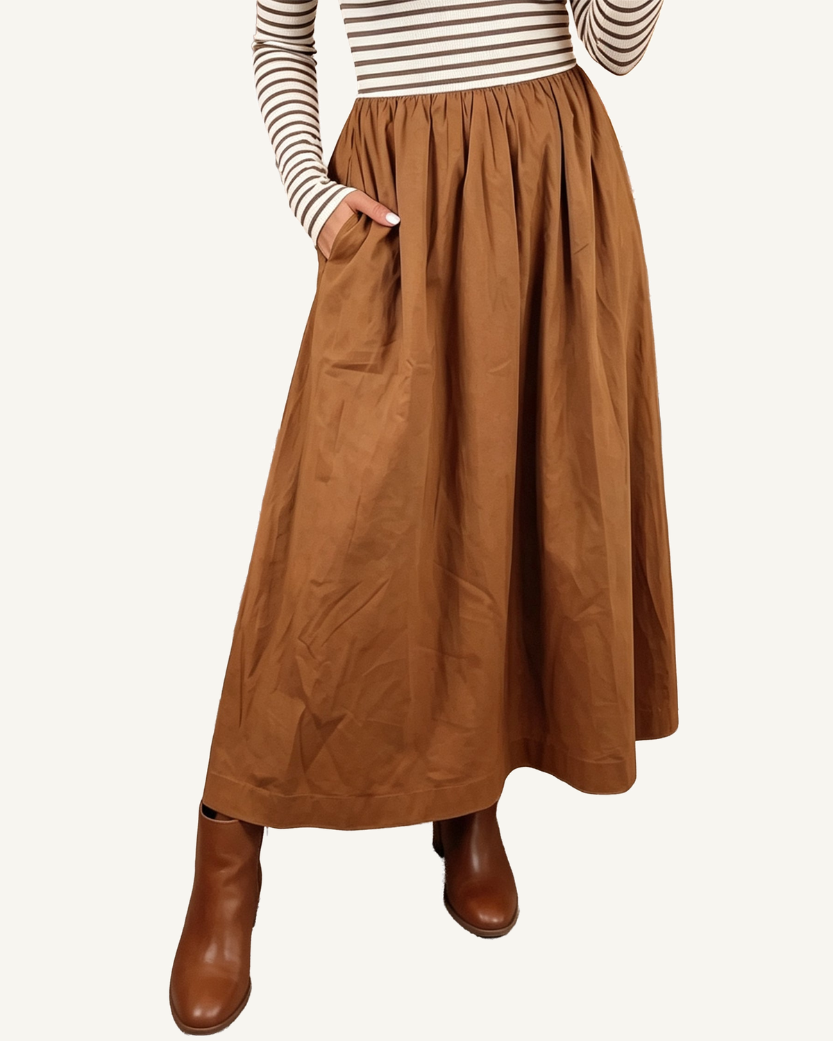 Brown Stripe Ribbed Knit Long Sleeve Bodice Contrast Patchwork Flared Dress PREODER — ivory studio background
