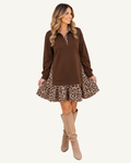 Coffee Leopard Patchwork Collar Long Sleeve Dress PREORDER ETA 3 WEEKS — ivory studio background