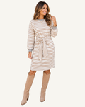 Khaki Stripe Striped Colorblock Cuffs Round Neck Long Sleeve Shift Dress PREORDER ETA 3 WEEKS — ivory studio background