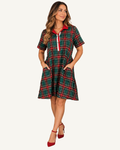 Green Plaid Button Front Short Sleeve Shift Dress PREORDER ETA 3 WEEKS — ivory studio background