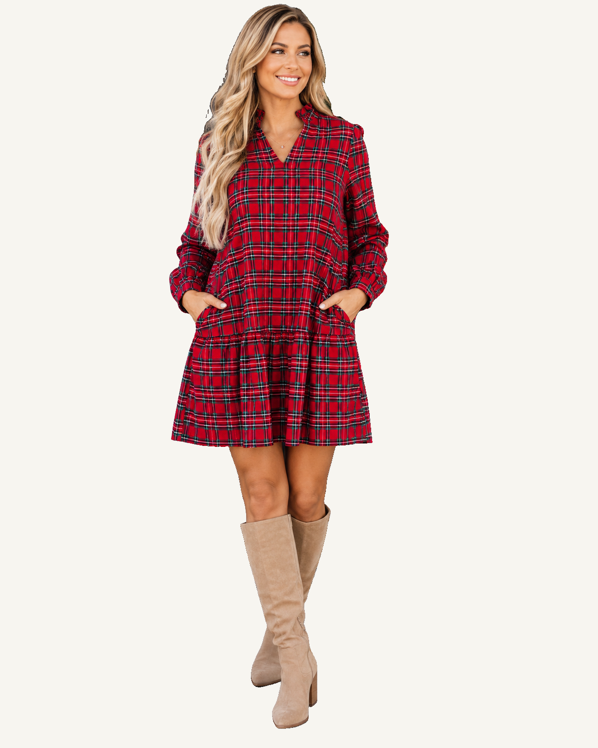 Red Plaid Long Sleeve Mini Shift Silhouette Decoration Dress PREORDER ETA 3 WEEKS — ivory studio background
