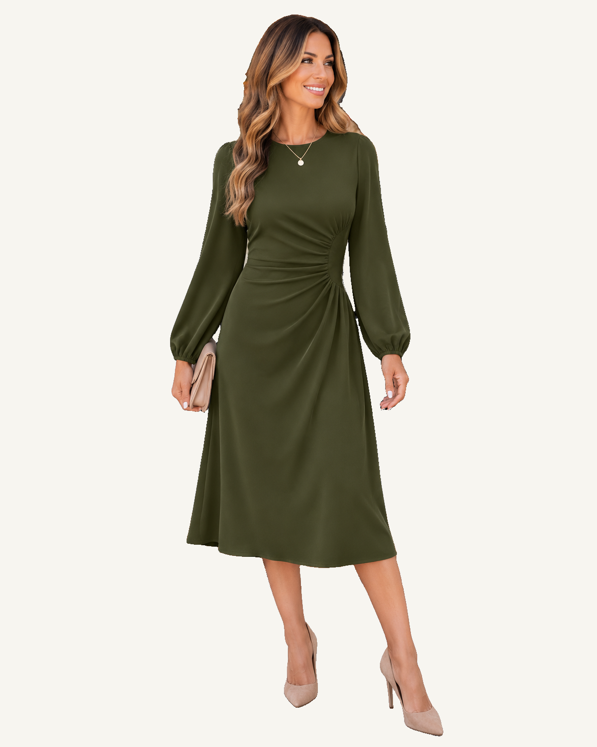Jungle Green Solid Color Ruched Detail Long Sleeve Midi Dress PREORDER ETA 3 WEEKS — ivory studio background