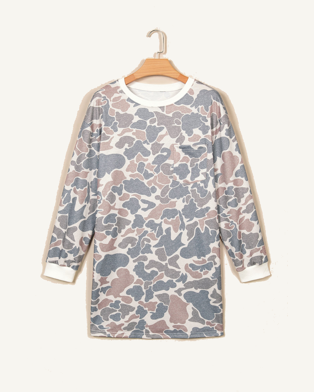 Beige Botanical Camo Print Long Sleeve Pocket Mini Dress PREORDER ETA 3 WEEKS — ivory studio background
