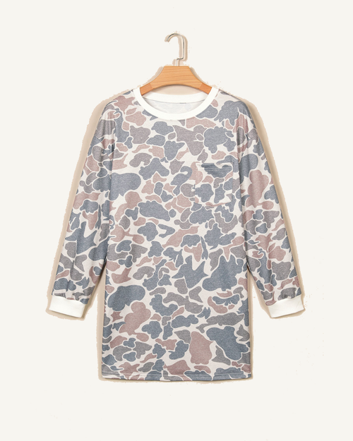 Beige Botanical Camo Print Long Sleeve Pocket Mini Dress PREORDER ETA 3 WEEKS — ivory studio background