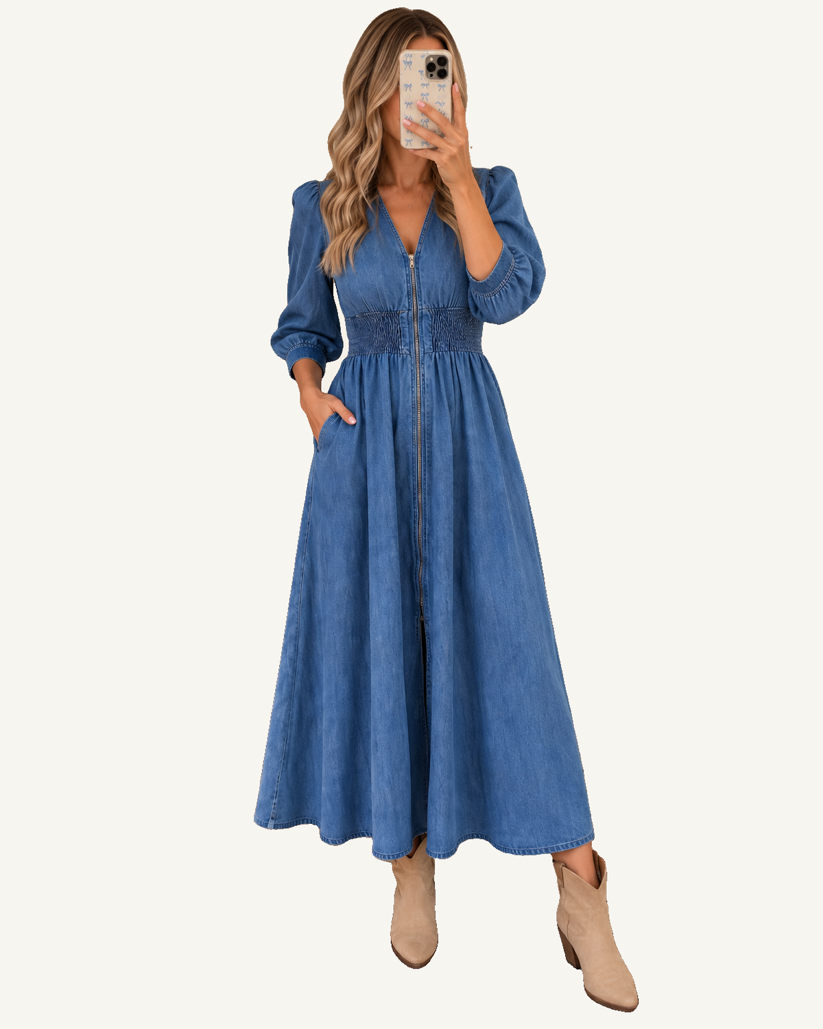 Blue V Neck Shirred Waist Metal Zipper Denim Midi Dress PREORDER ETA 3 WEEKS — ivory studio background