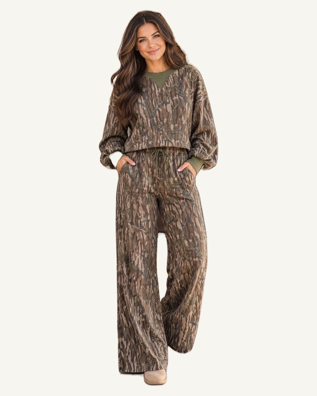 Green Abstract Camo Print Crewneck Drop Shoulder Pullover Wide Leg Pants Set PREORDER ETA 3 WEEKS — original photograph, ivory studio, 4:5