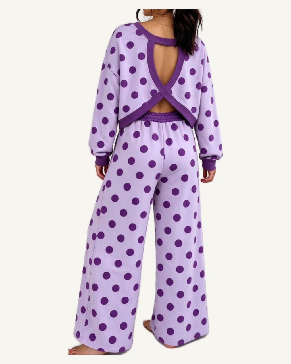 Orchid Bouquet Polka Dot Hollow-out Slit Back Pullover Wide Leg Two Piece Pants Set PREORDER ETA 3 WEEKS — original photograph, ivory studio, 4:5