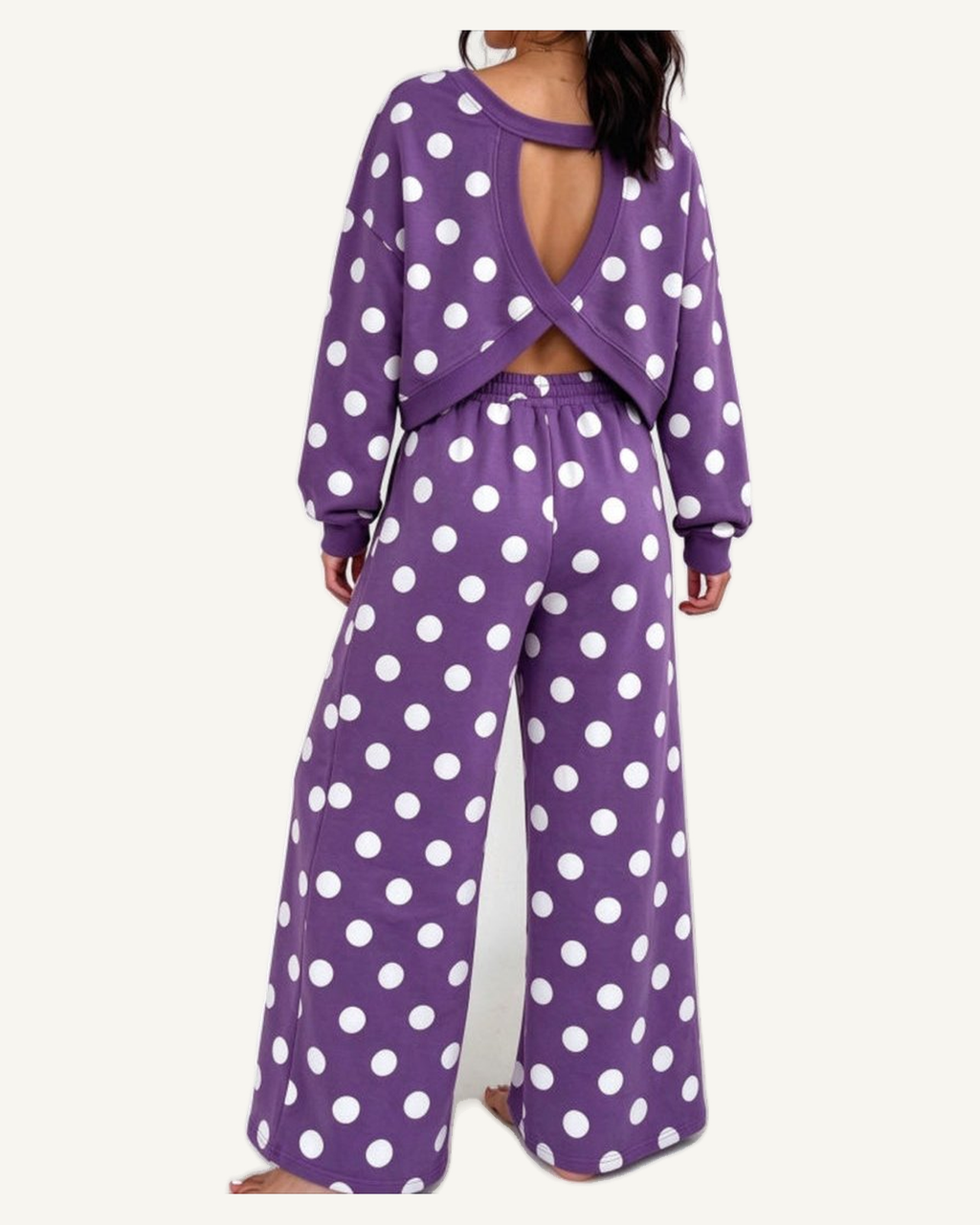 Tillandsia Purple Polka Dot Hollow-out Slit Back Pullover Wide Leg Two Piece Pants Set PREORDER ETA 3 WEEKS — original photograph, ivory studio, 4:5