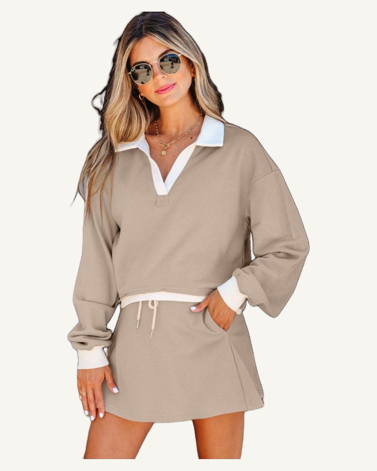 Parchment Raw Edge Detail Colorblock Patchwork Cropped Pullover Drawstring Skort Set PREORDER ETA 3 WEEKS — original photograph, ivory studio, 4:5