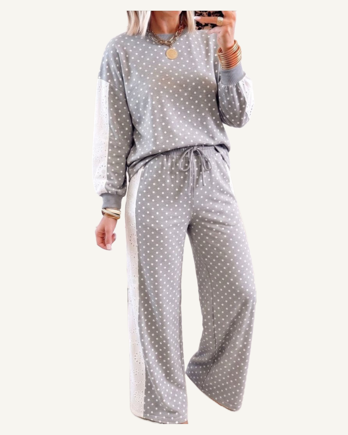 Gray Polka Dot Lace Panel Patchwork Long Sleeve Top Drawstring Pants Set PREORDER ETA 3 WEEKS — original photograph, ivory studio, 4:5