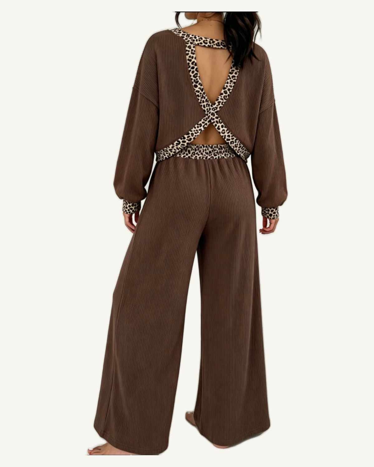 Coffee Leopard Trim Ribbed Backless Two Piece Long Sleeve Pants Set PREORDER ETA 3 WEEKS — original photograph, ivory studio, 4:5
